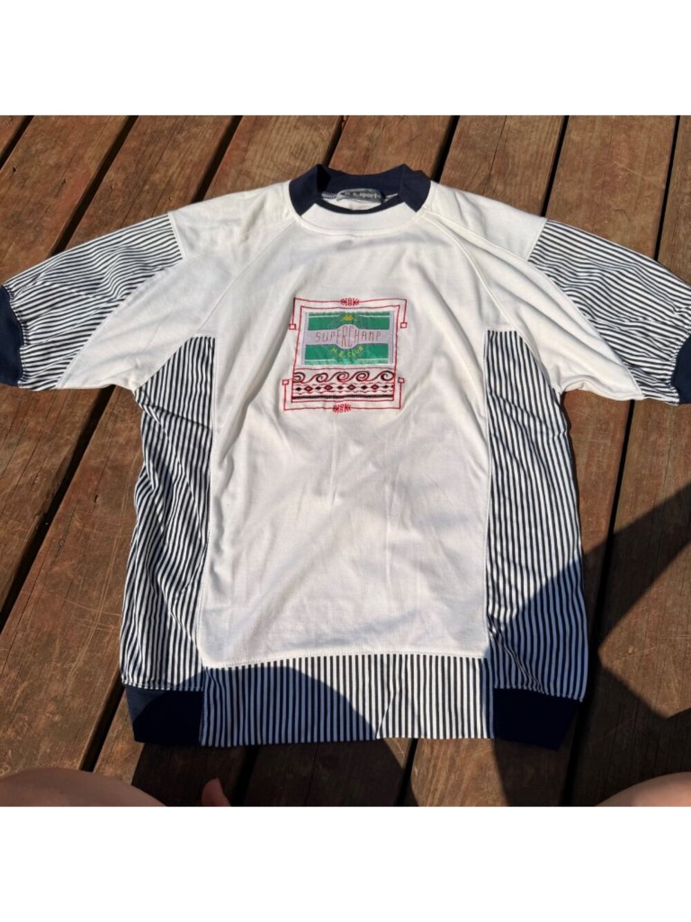 Vintage M.E. Sport Superchamp Graphic Shirt Striped Sleeve White/Navy S